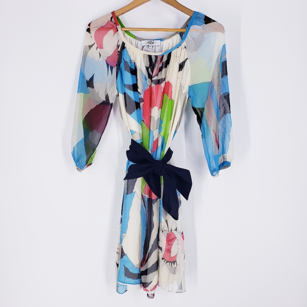 Tibi Silk Water Color Balloon Sleeve Dress